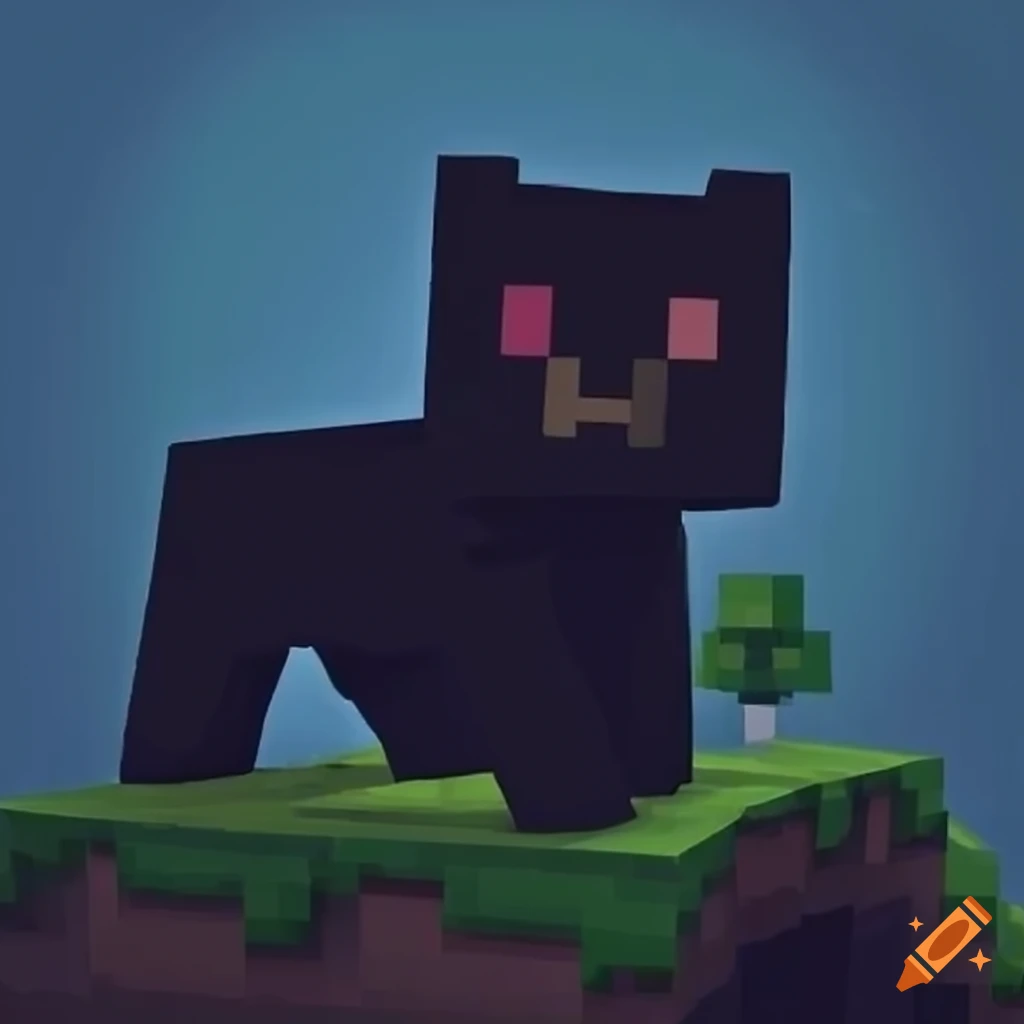 Cute black cat prancing on a hill in Minecraft style