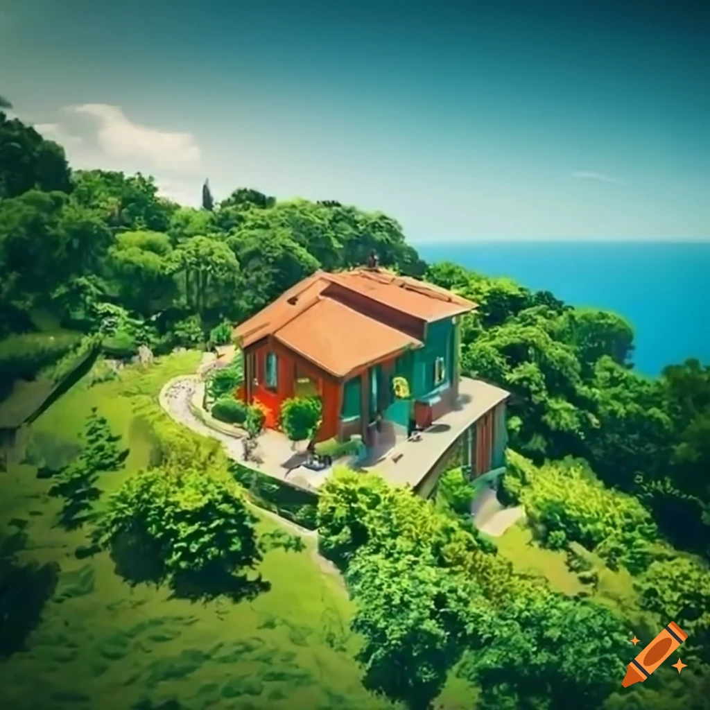 Square house with a patio overlooking lush green hillside and tranquil sea
