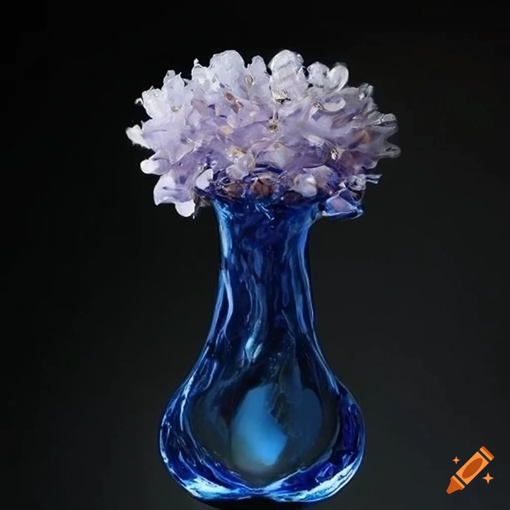 Glass flower blooms resembling water blue and tears green under glass dome