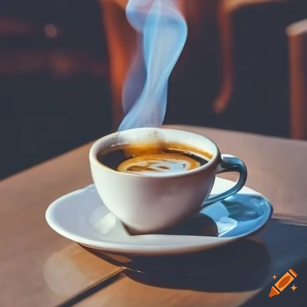 White cap of black coffee with dense smoke on a cafe table in the morning sun
