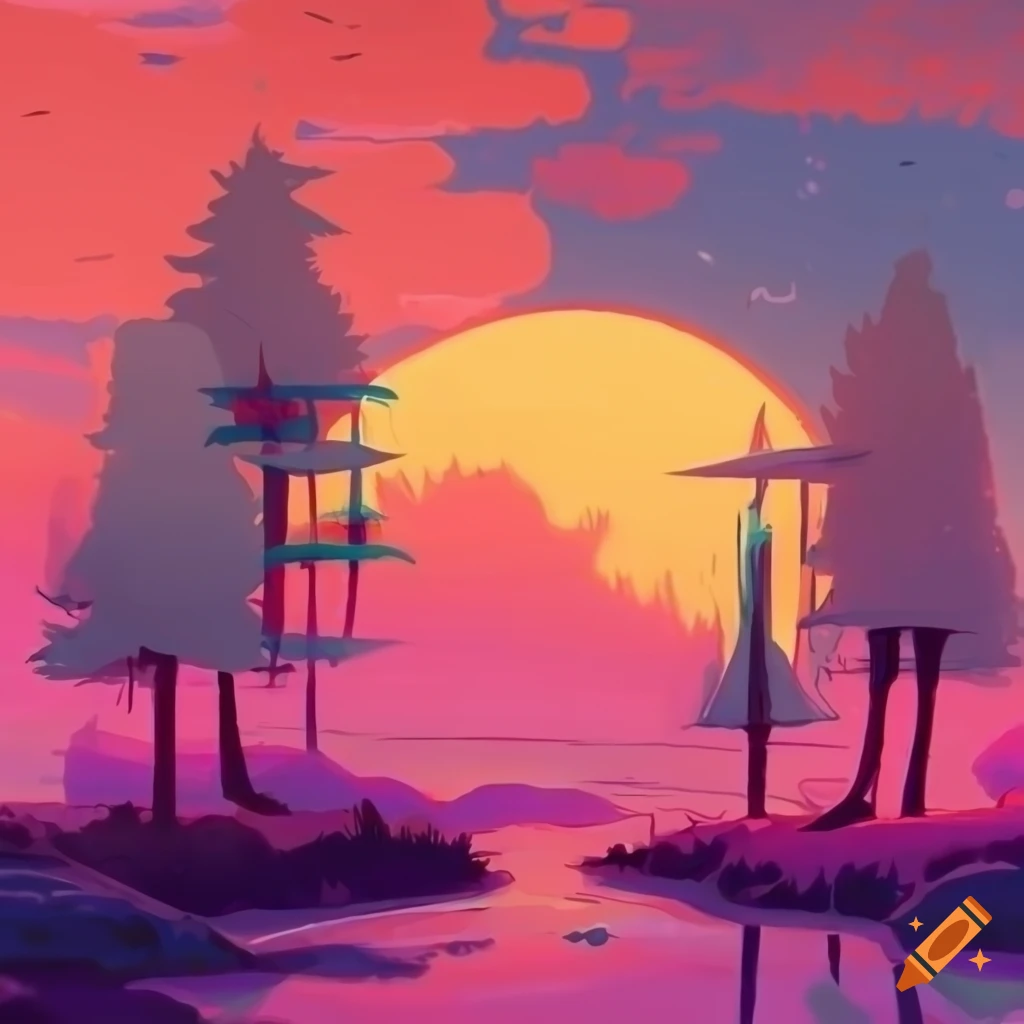 Cover art for lofi chillhop music with sunset, river, and trees on Craiyon