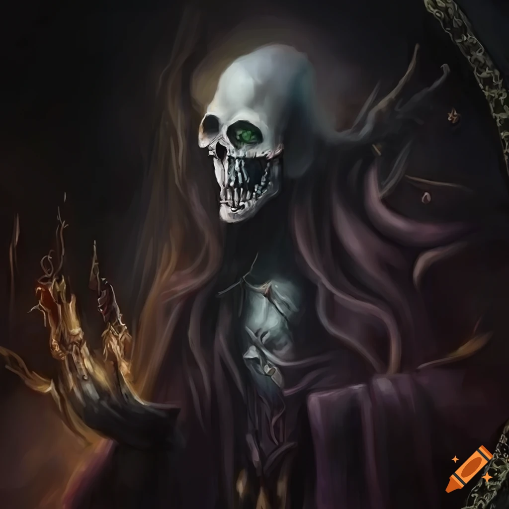 Awakened skeleton wizard in a dark fantasy painting