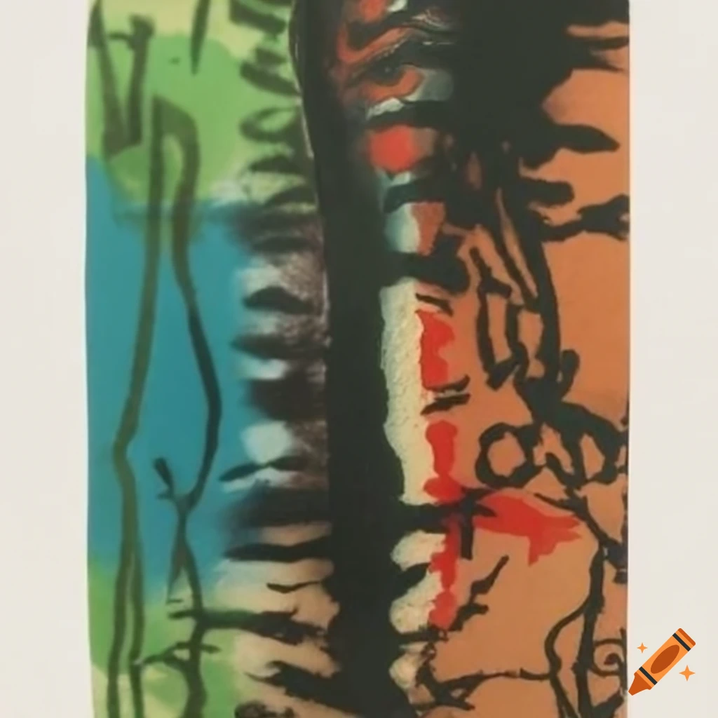 Delicate multi-colored ink patterns on green stripe paper with abstract cactus