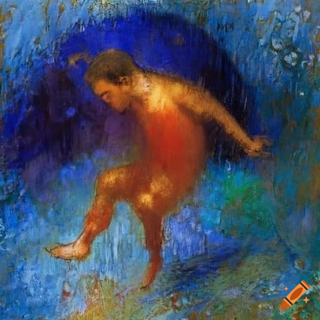 Man jumping in rain puddles in the style of Odilon Redon