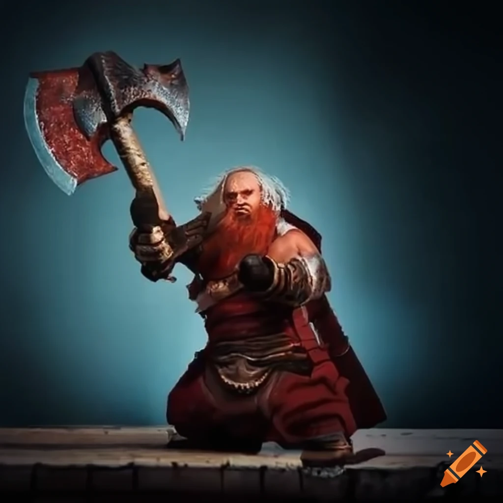 Red armored dwarf with a ruby dwarven axe in attacking position