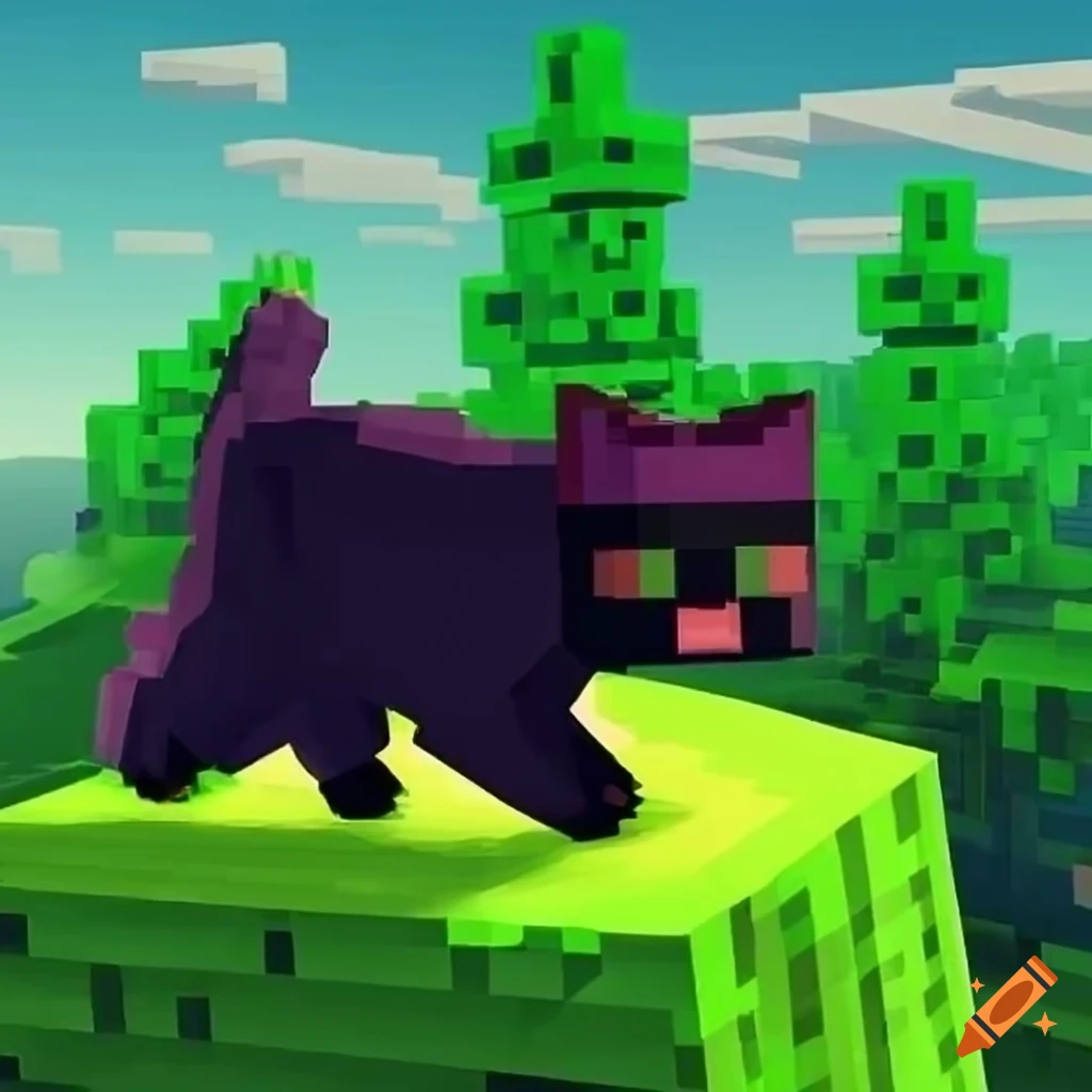 Cute Minecraft black cat prancing on a hill
