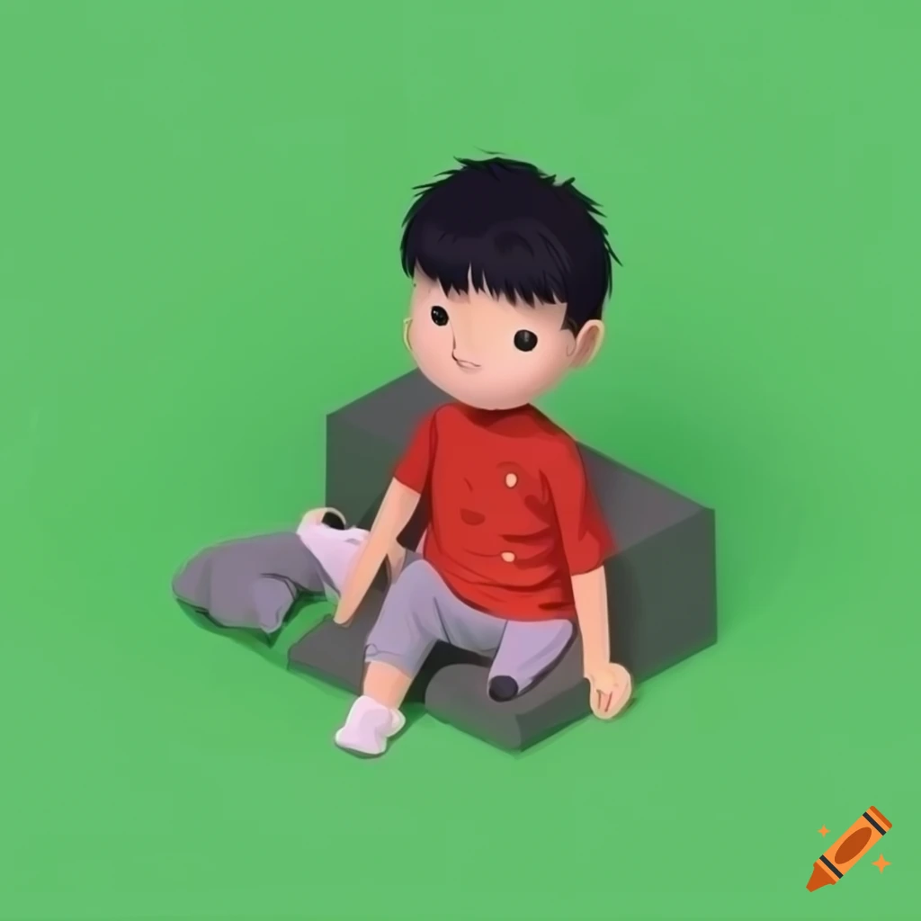 Cozy isometric cube room with a boy in red shirt and gray cat