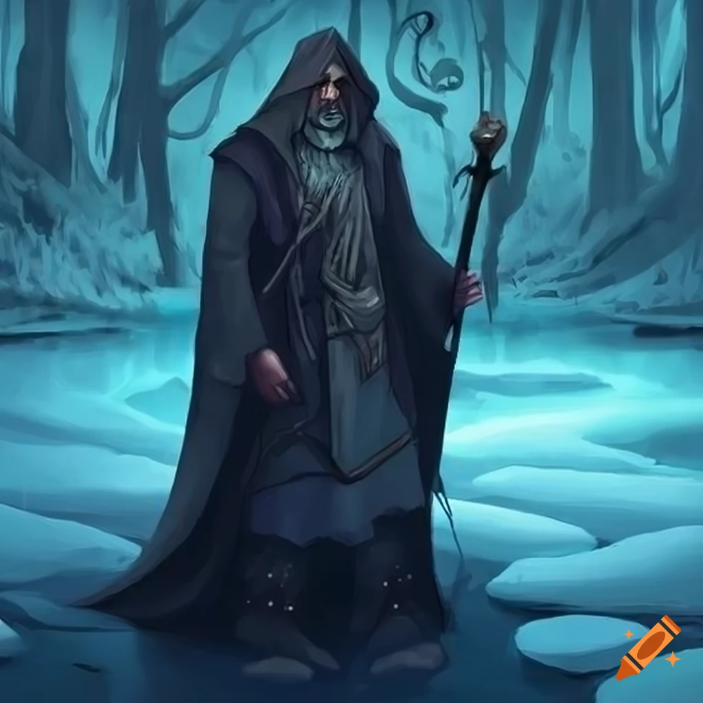 Wizard hunting by an icy lake in a fantasy setting
