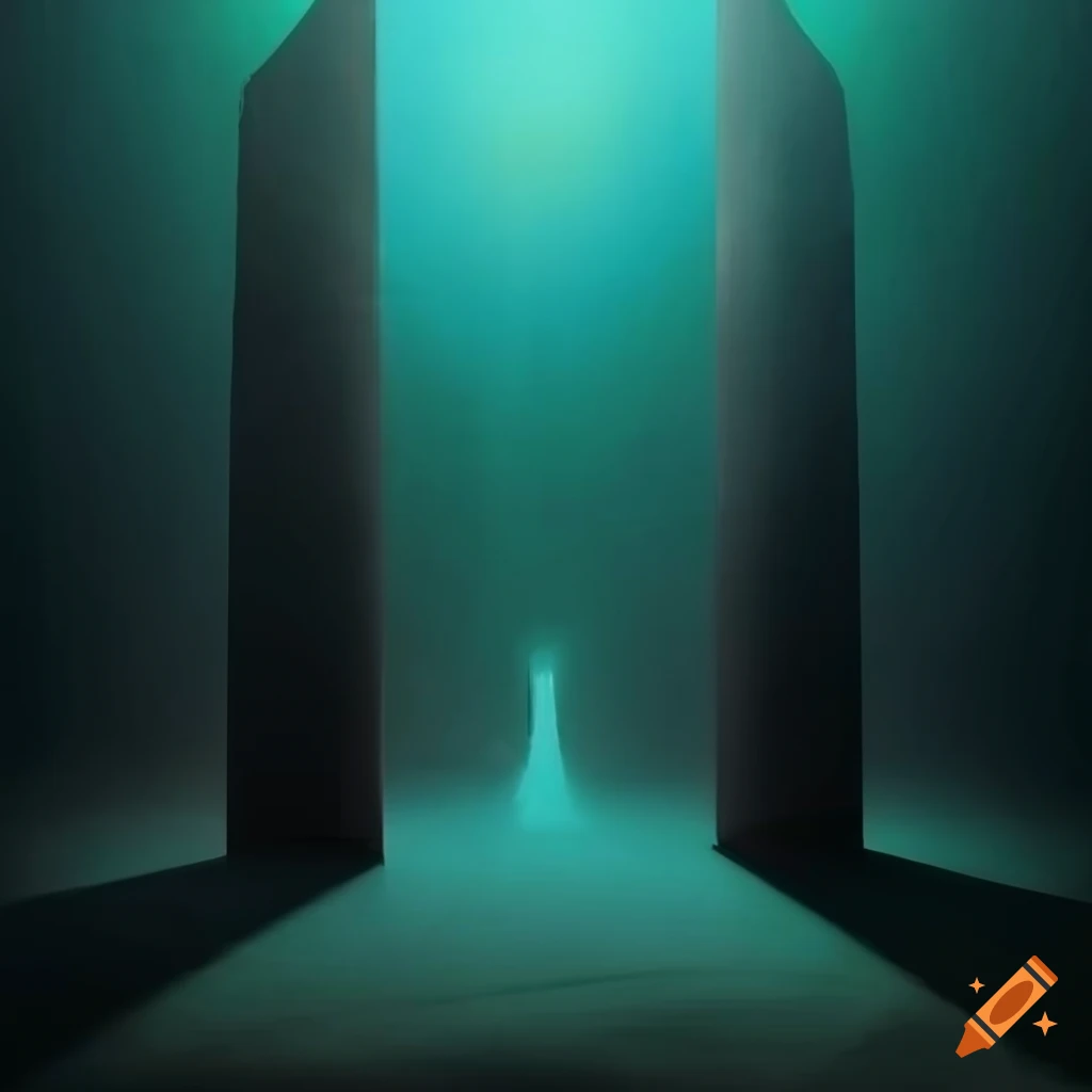 Surrealist monolithic structure partially submerged in mist with soft lighting