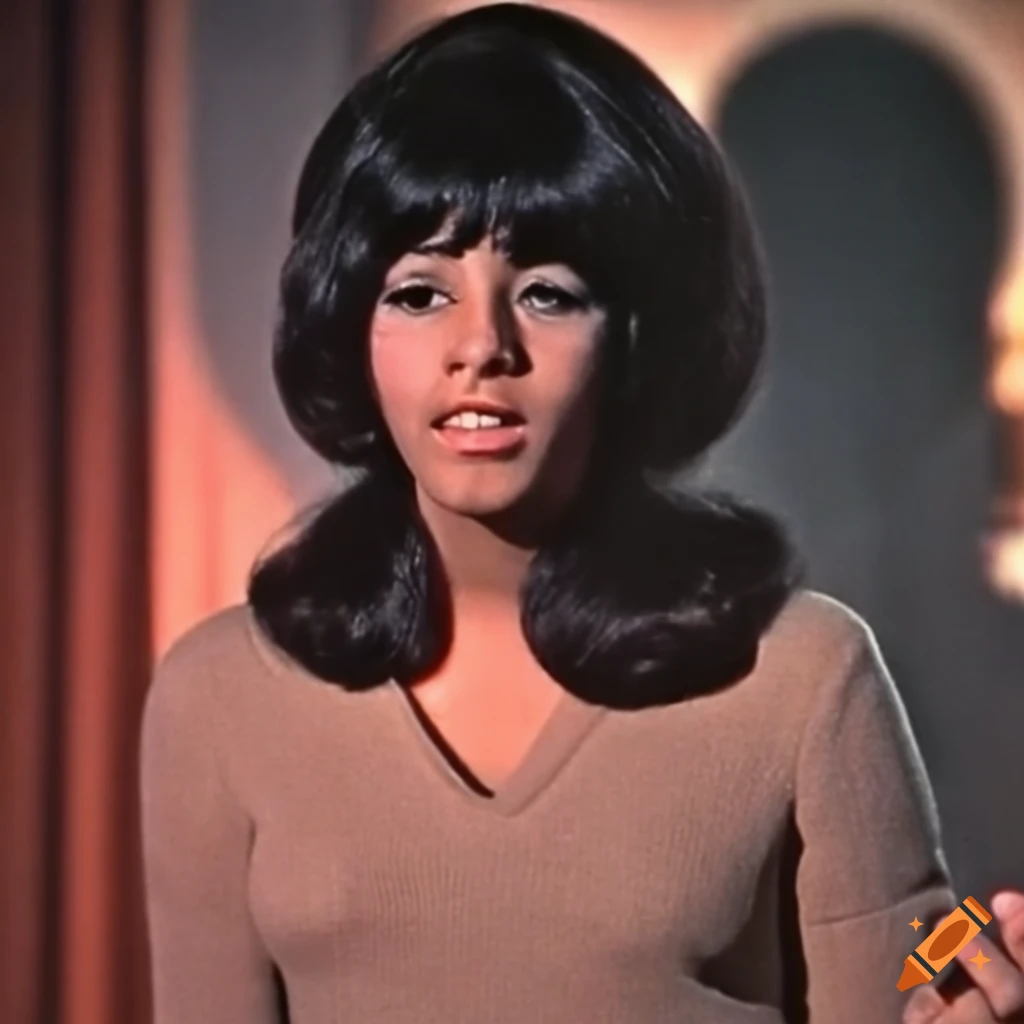 Estelle Bennett of The Ronettes in a sunset setting with a v neck jumper