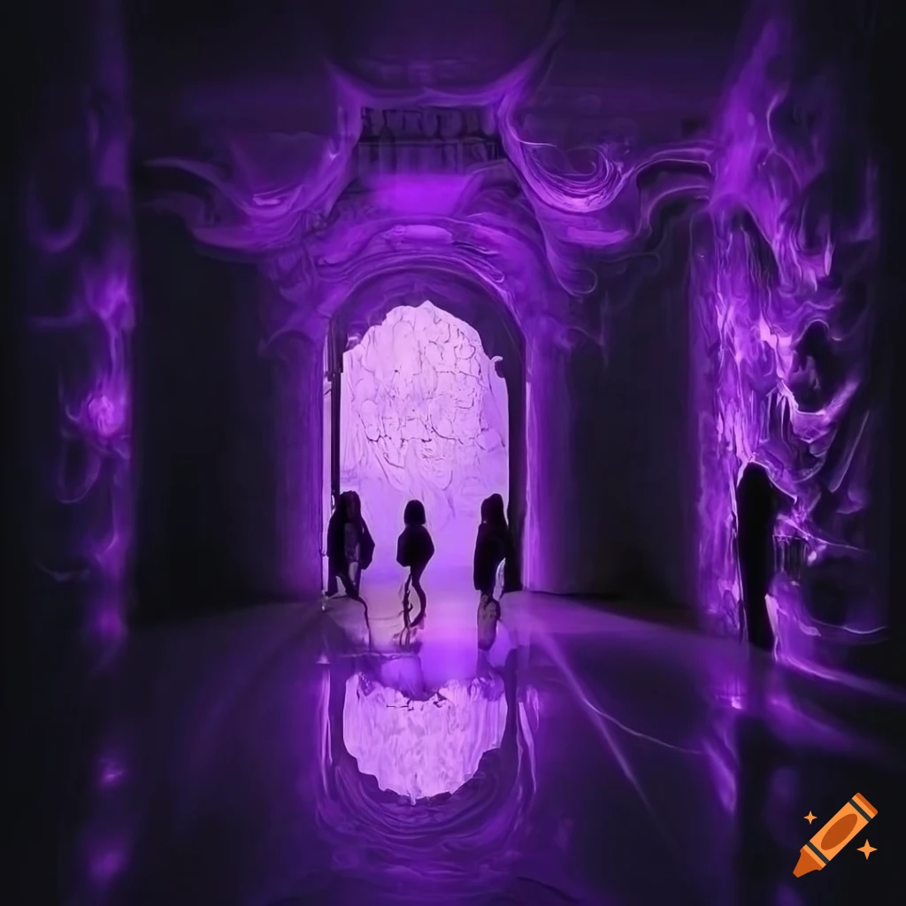 Interior hall made of amethyst with surreal lighting and shadow figure