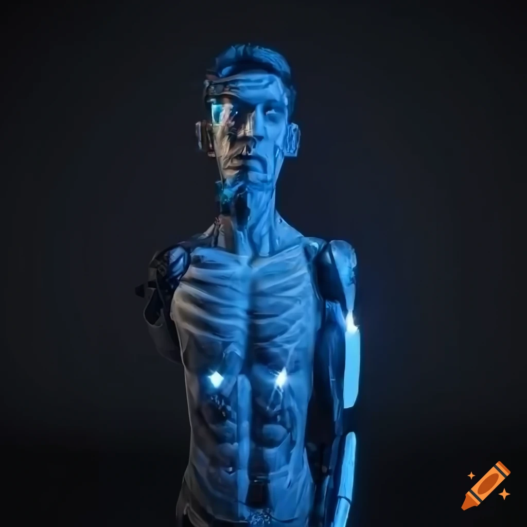 Skinny handsome 61-year old male cyborg with crystal LED panels for skin