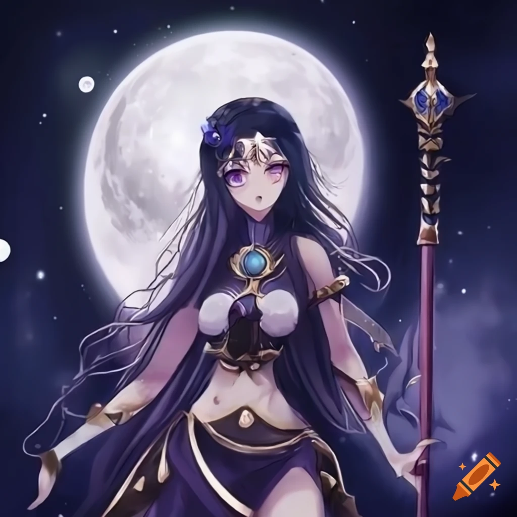 Anime goddess warrior under the crescent moon in moonlight