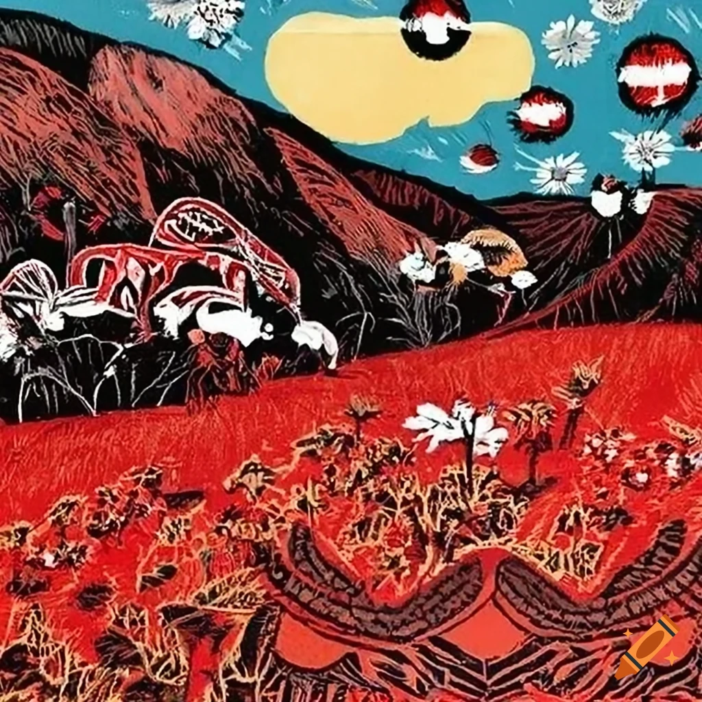 Woodcut print of Salish totem animals on a magic carpet above a field of lace and wildflowers