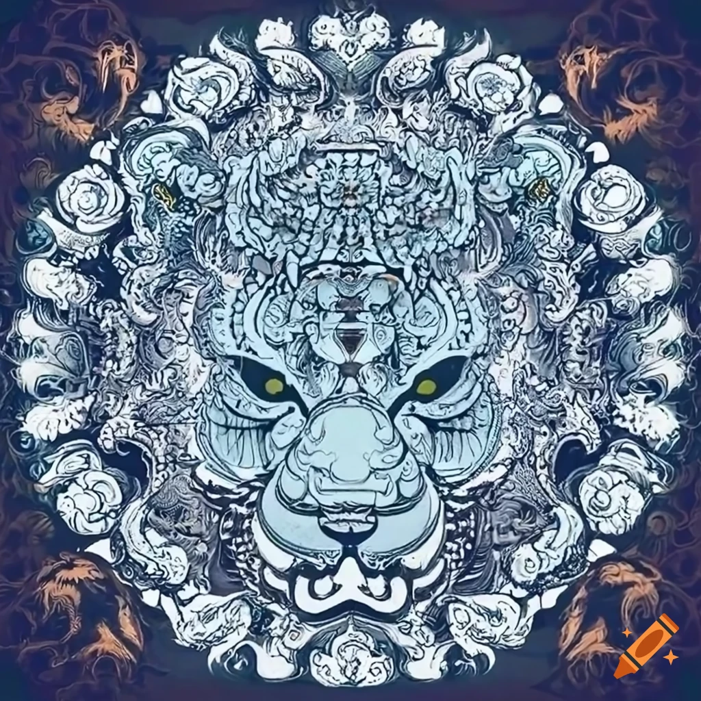 Intricately detailed snow lion design for a Buddhist temple