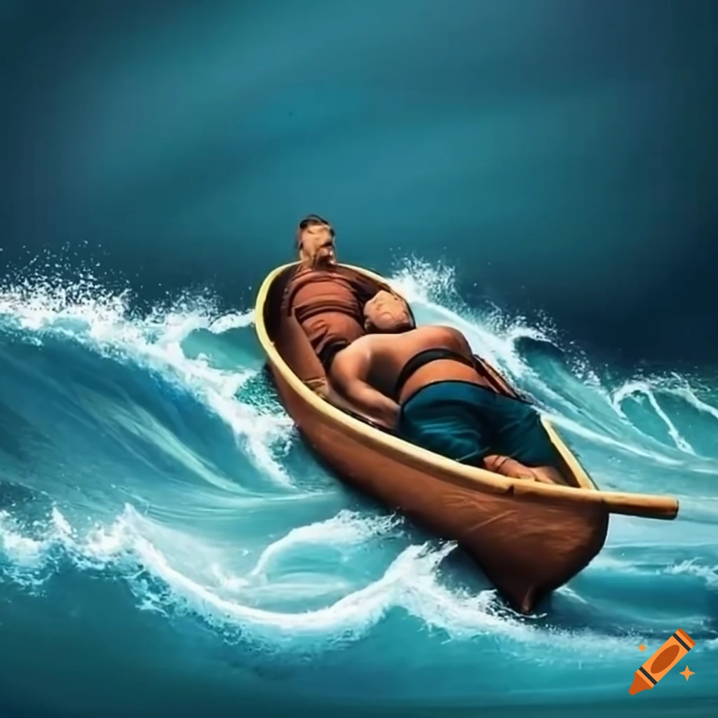 Man sleeping in a canoe carried by a big wave