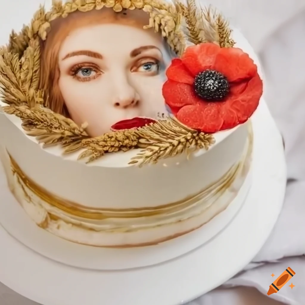 Decorative cake with cream layers, wheat ears, poppies, and daisies
