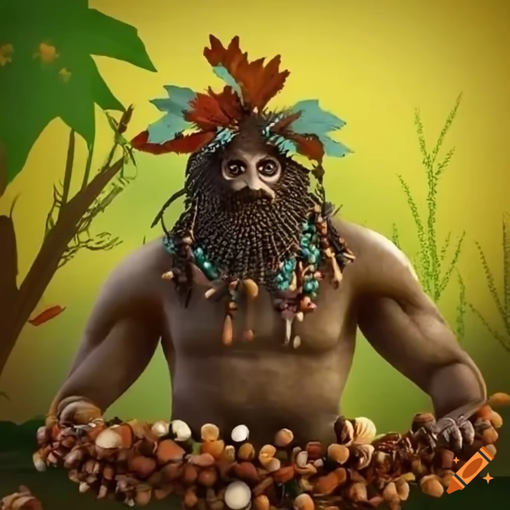 Prehistoric chief adorned with shell necklaces and leaf wreath