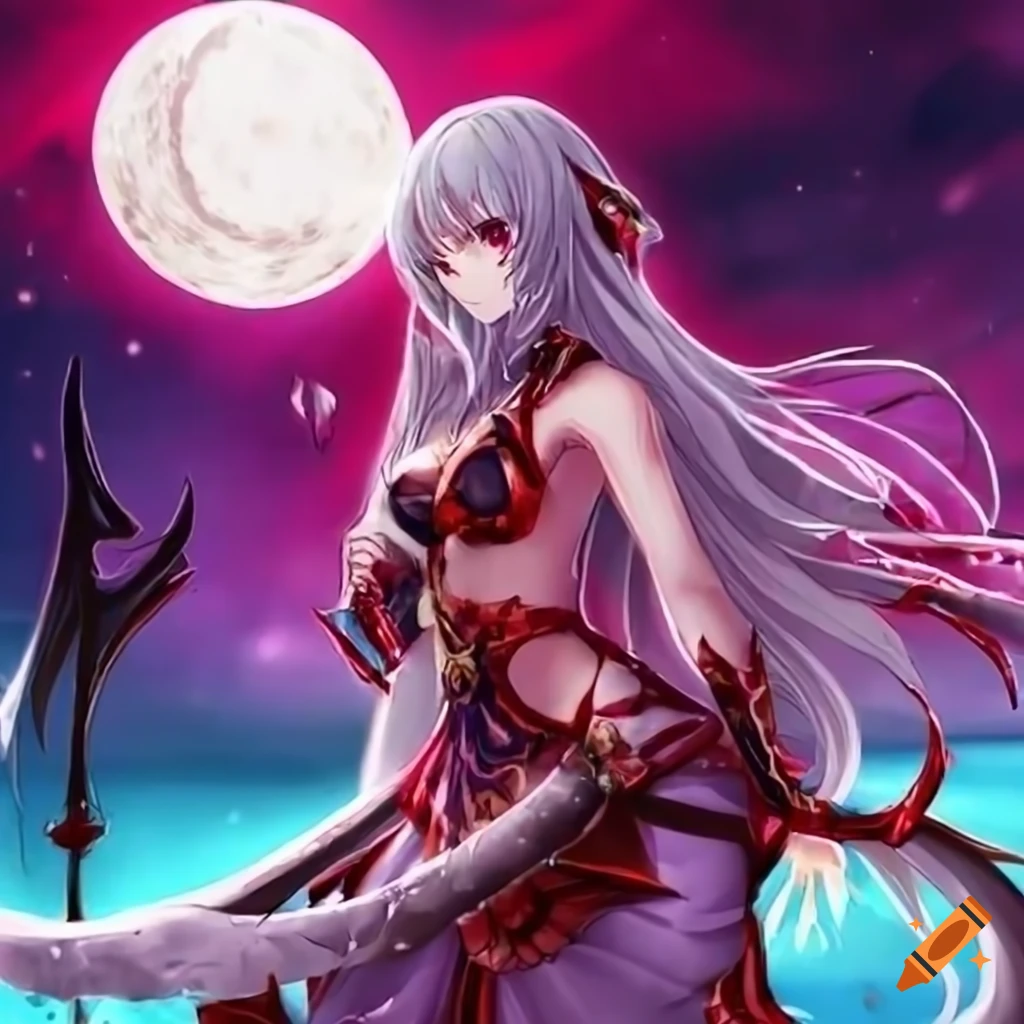 Anime blood goddess warrior in moonlight