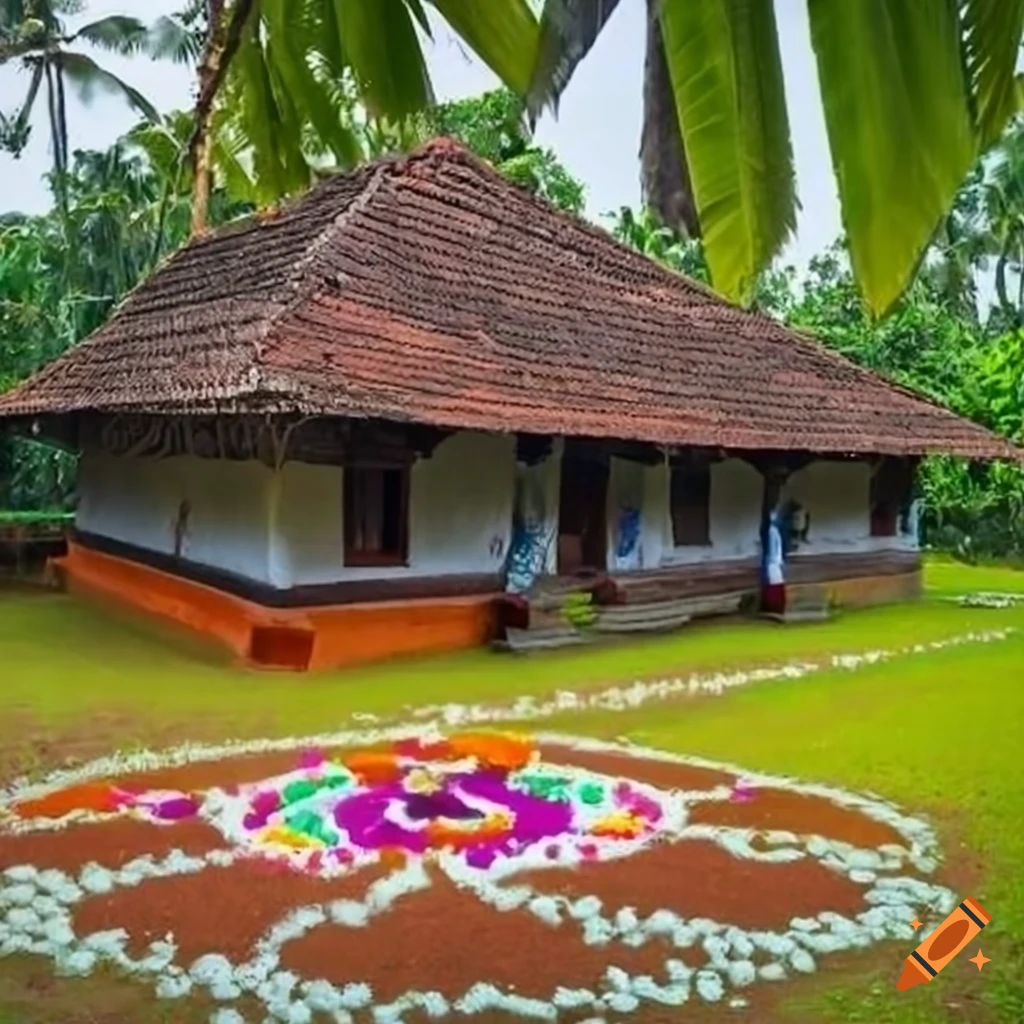 Traditional Kerala old house near rice fields with flower rangoli and trees in rain