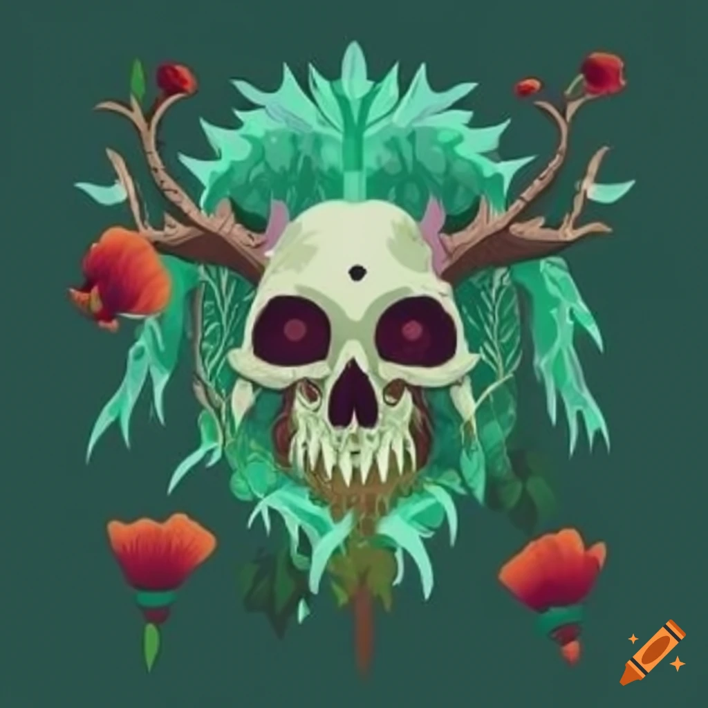 Skull druid shaman with plant and poppy