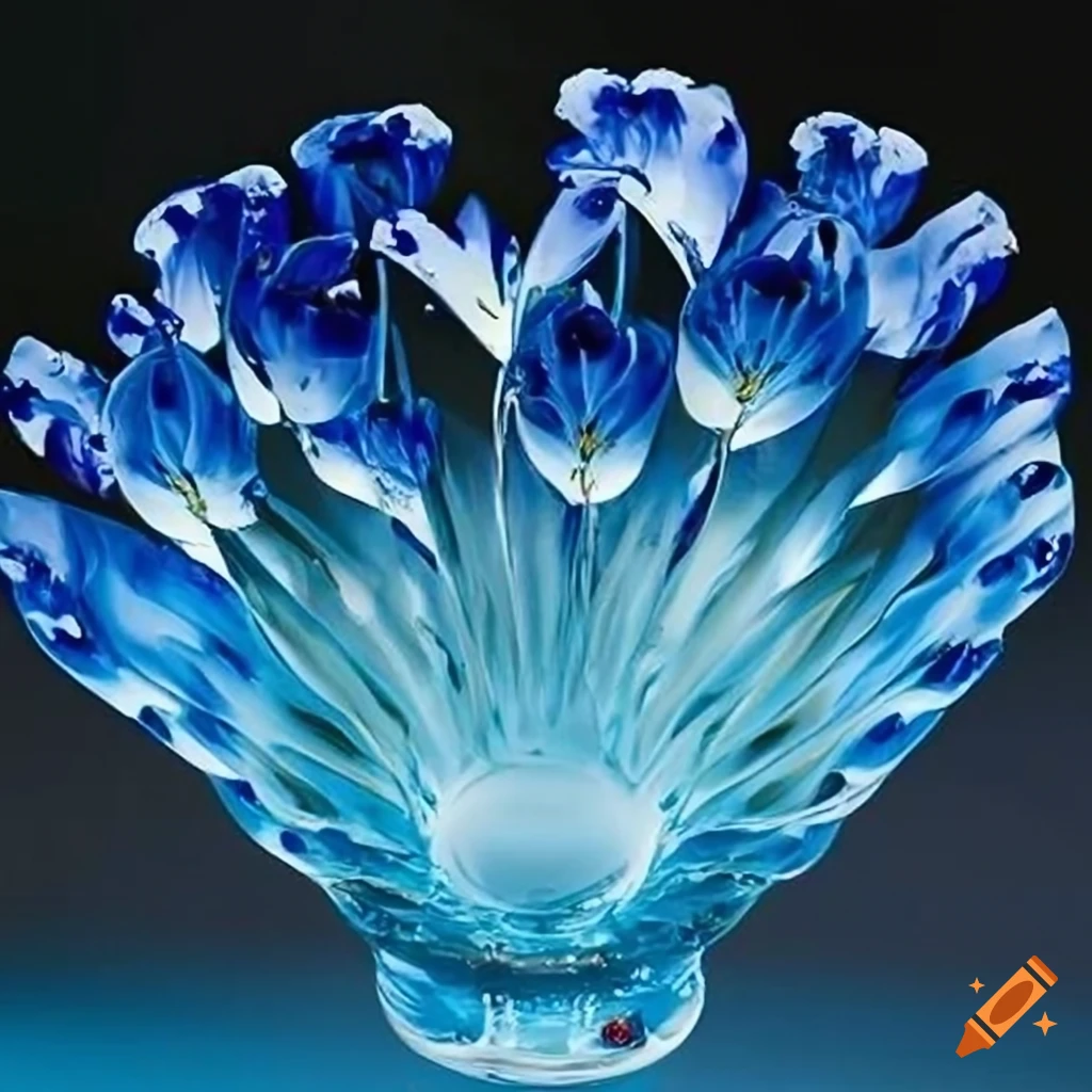 Glass flower with blue blossom and green tears under a glass dome