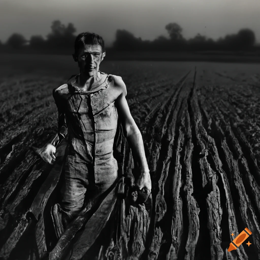 1930s PhotoRealistic image of a male farmer in a burned field at sunset