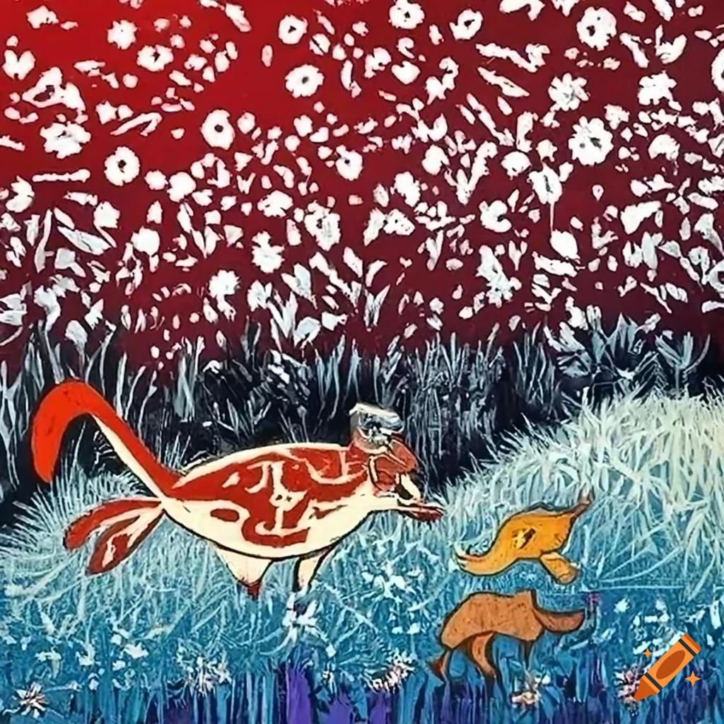 Woodcut of Salish totem animals on a magic flying carpet above a white lace field