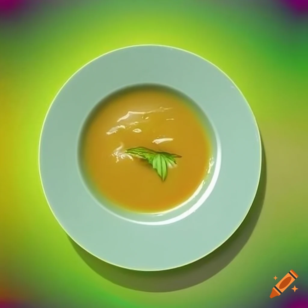 Plate of yellowish soup with a mint leaf in the center