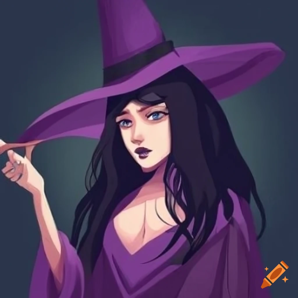 Portrait of a witch with a big hat and dark hair