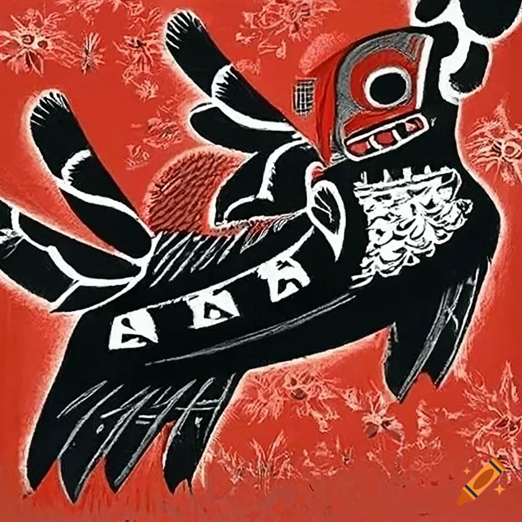 Woodcut print of Salish totem animals on a magic carpet above a field of lace and wildflowers