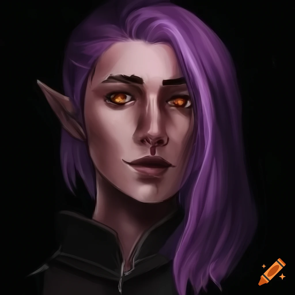 Enchanting half-elf rogue with short violet hair and a scar