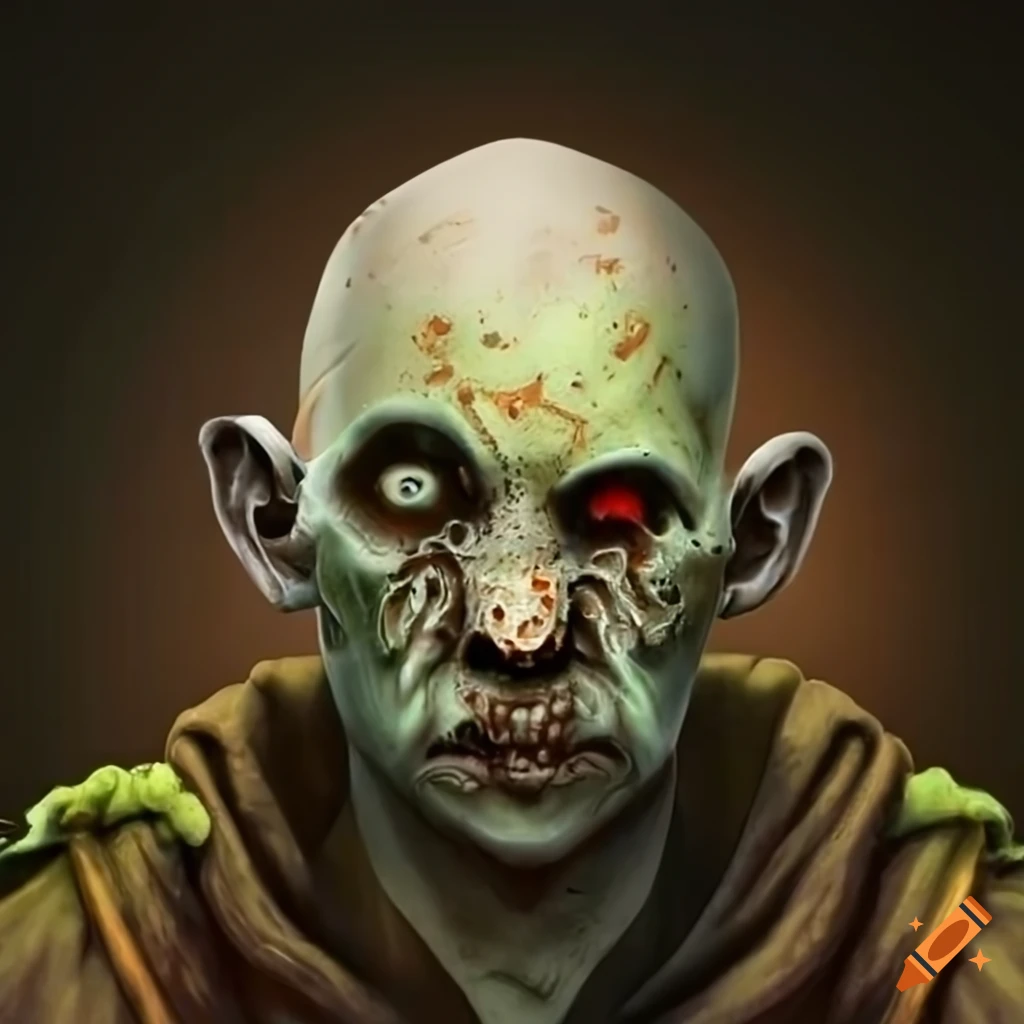 Undead monk with lichen on head and vacant eyes