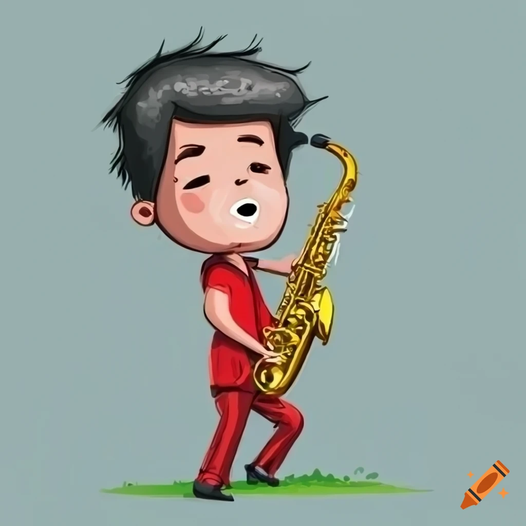 Cartoon illustration of a man playing jazz saxophone on a prancing hill