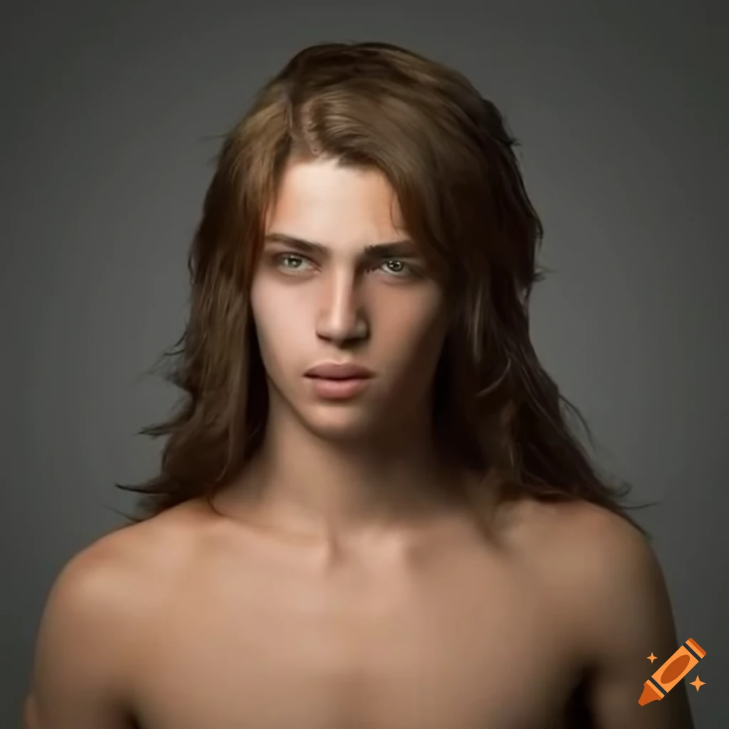 Beautiful young man in a toga with long brown hair looking right