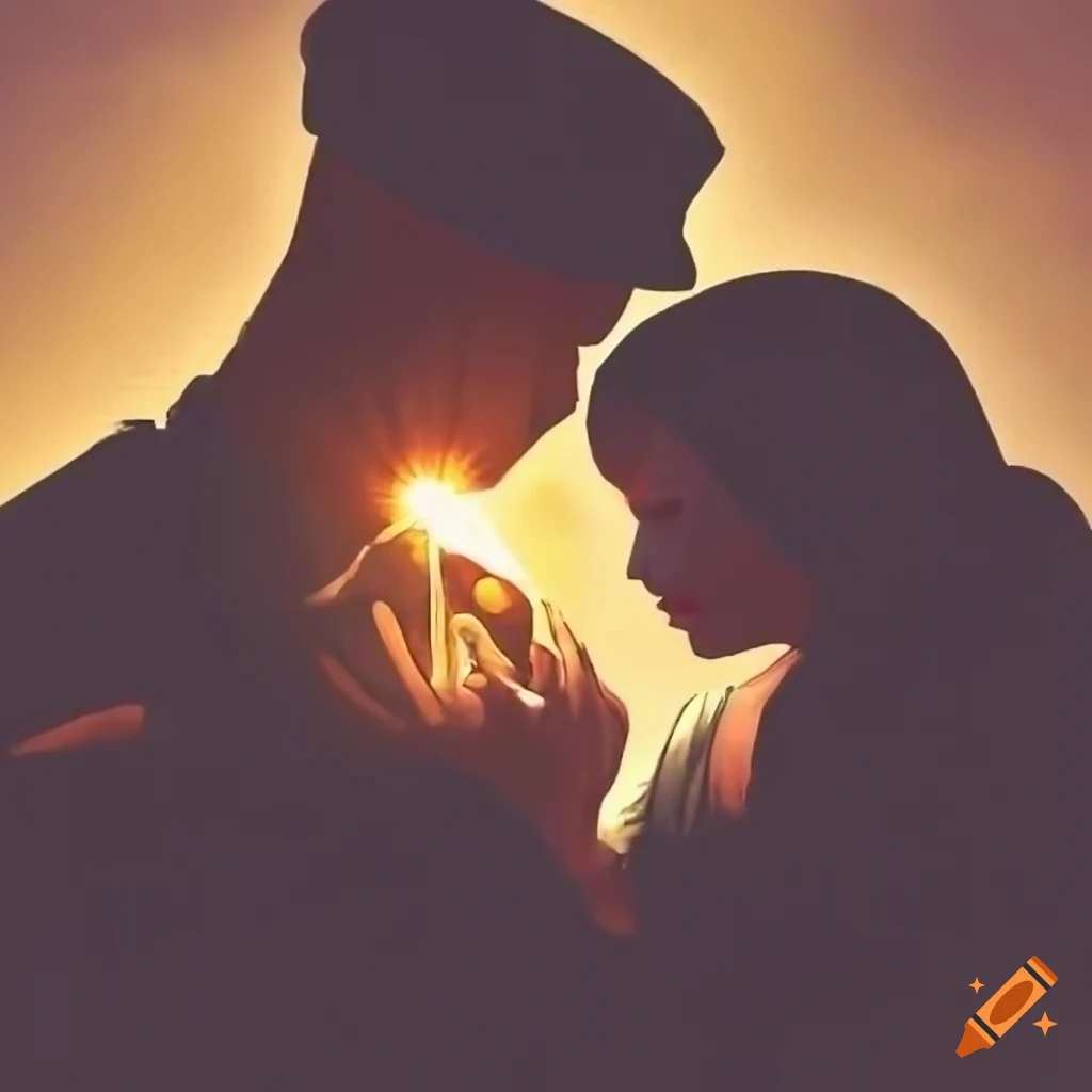 Mother saying farewell to a soldier under a sunlit sky
