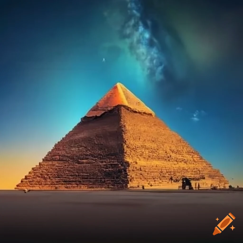 Pyramids along the Nile with hovering spaceships above