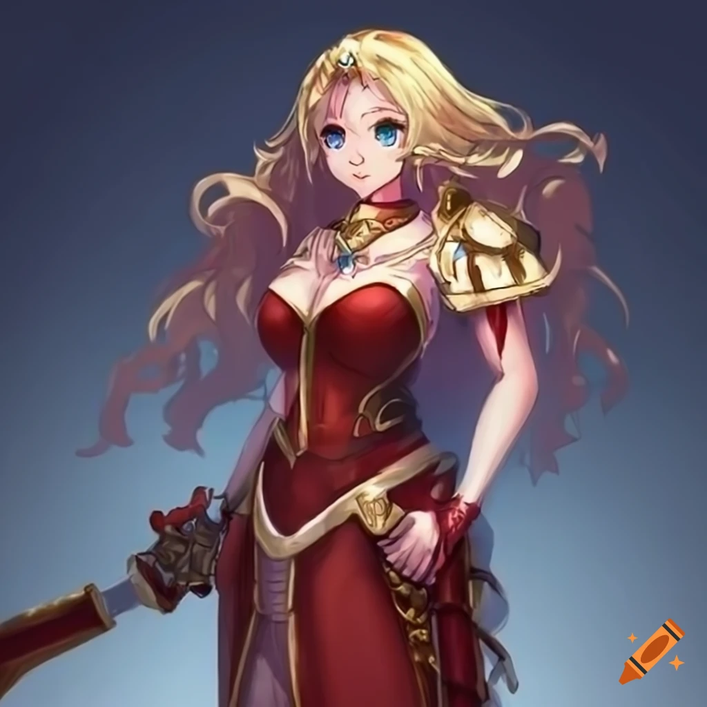 Anime princess blonde warrior in a pretty dress posing