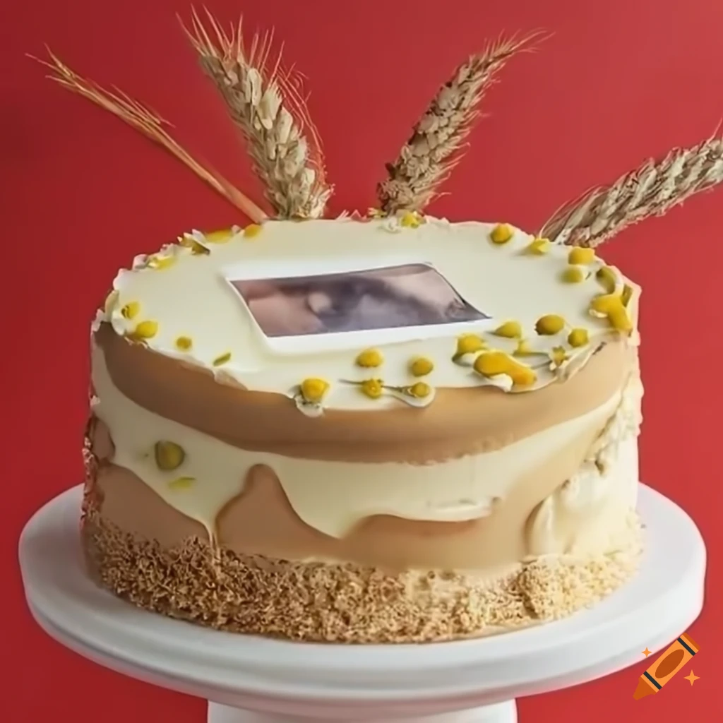 Decorated cake with cream layers and floral decorations featuring a woman's portrait