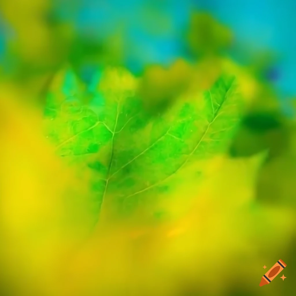Close-up of green and yellow leaf on blue background with dreamlike blur