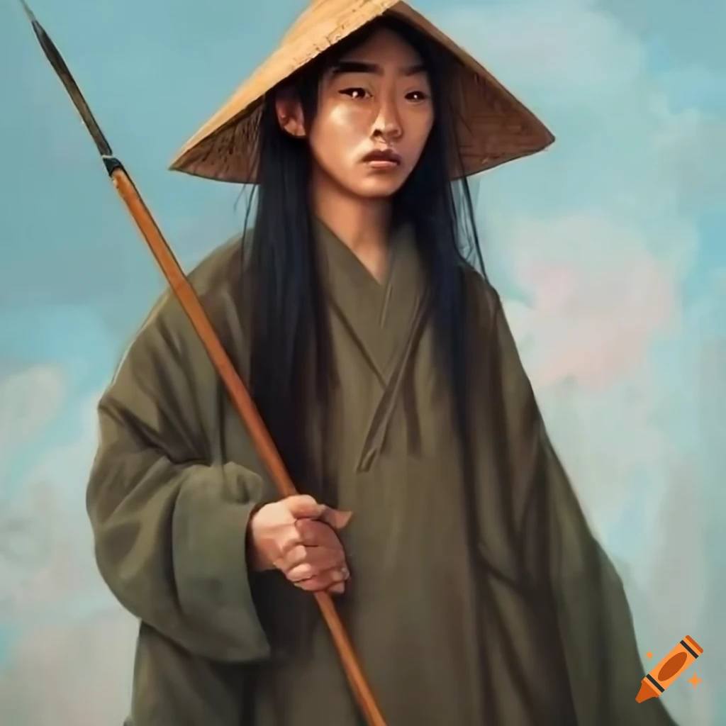 Portrait of a young Japanese man with spear and traditional clothing