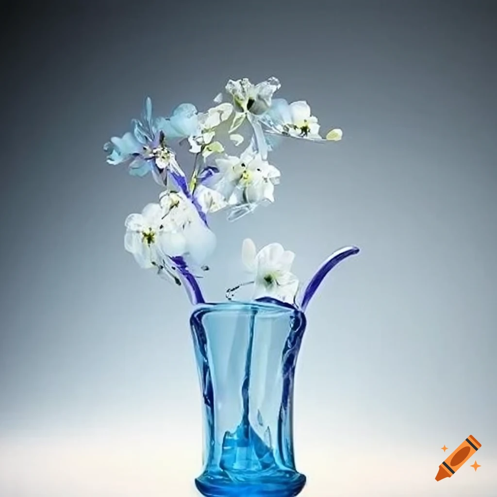 Glass flower blooms resembling water blue and tears green under glass dome