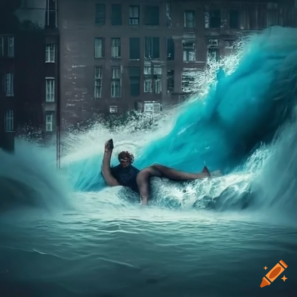 Surreal scene of a suited man canoeing down a flooded city street pushed by a wave