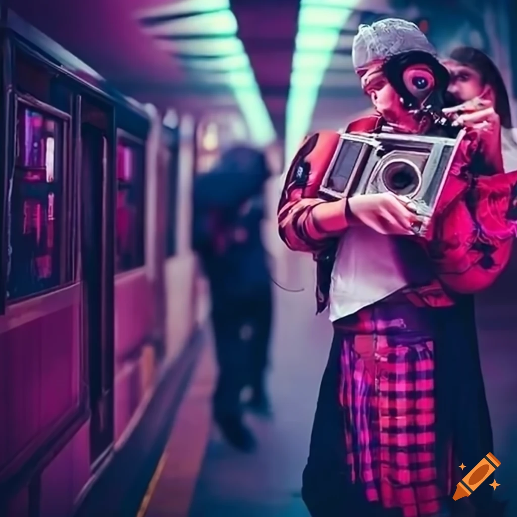 Young man and woman in cyberpunk attire with a boombox on a subway