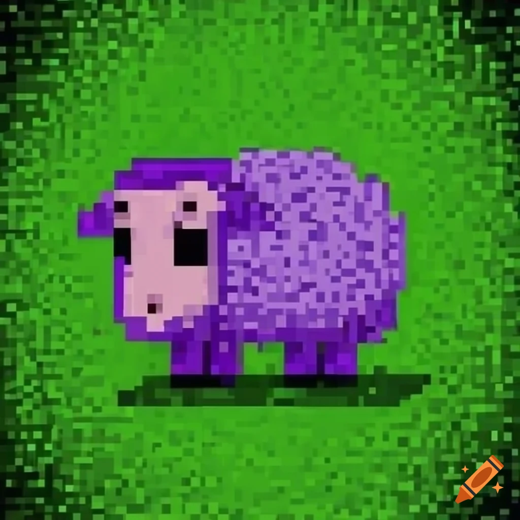 Pixelated purple sheep in green grass in a pop art style