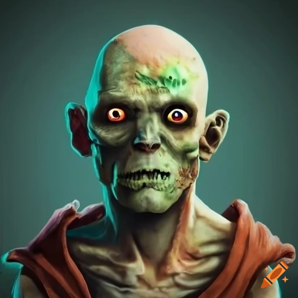 Undead monk with lichen on head and vacant eyes