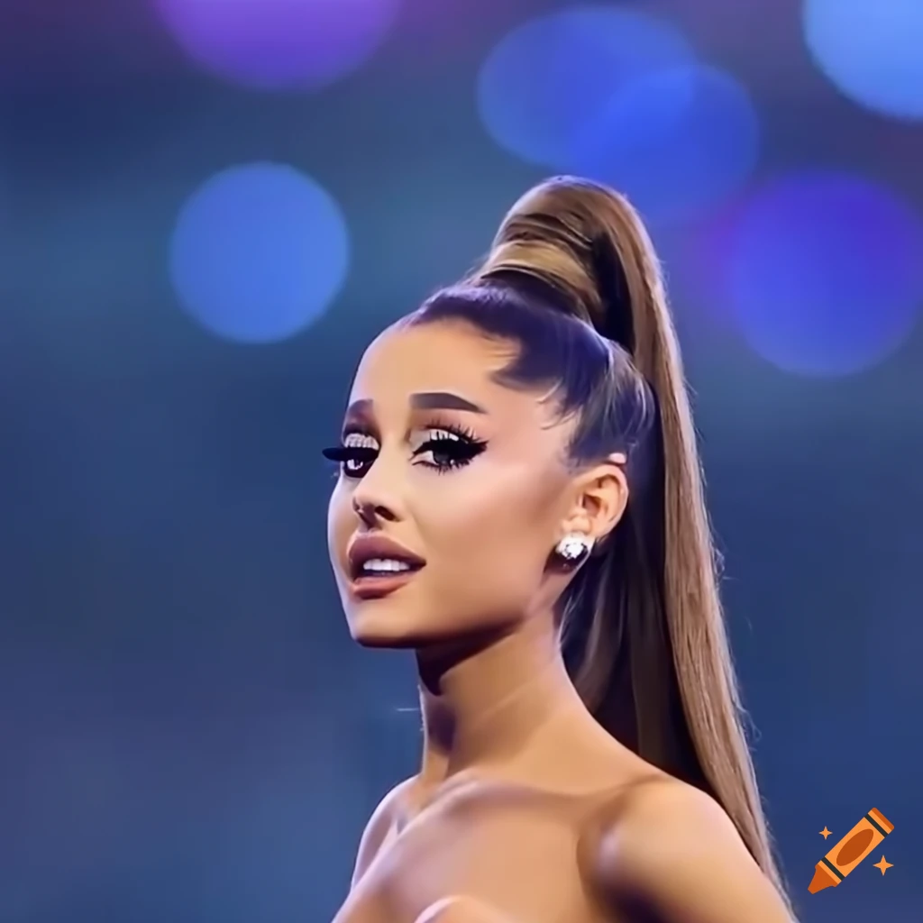 Famous singer ariana grande with blonde high ponytail performing at