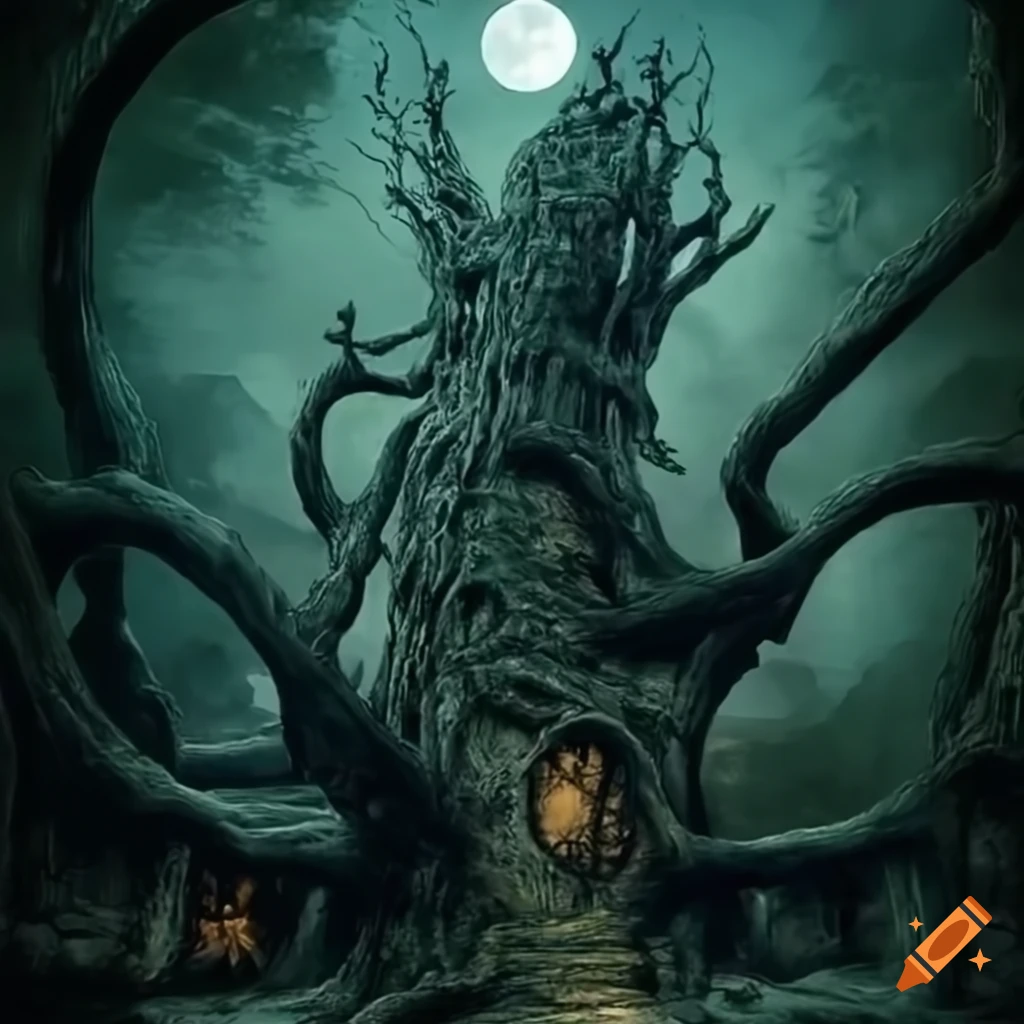 Scary huge stone tree-like structures in moonlight with spirals in an Art Nouveau style