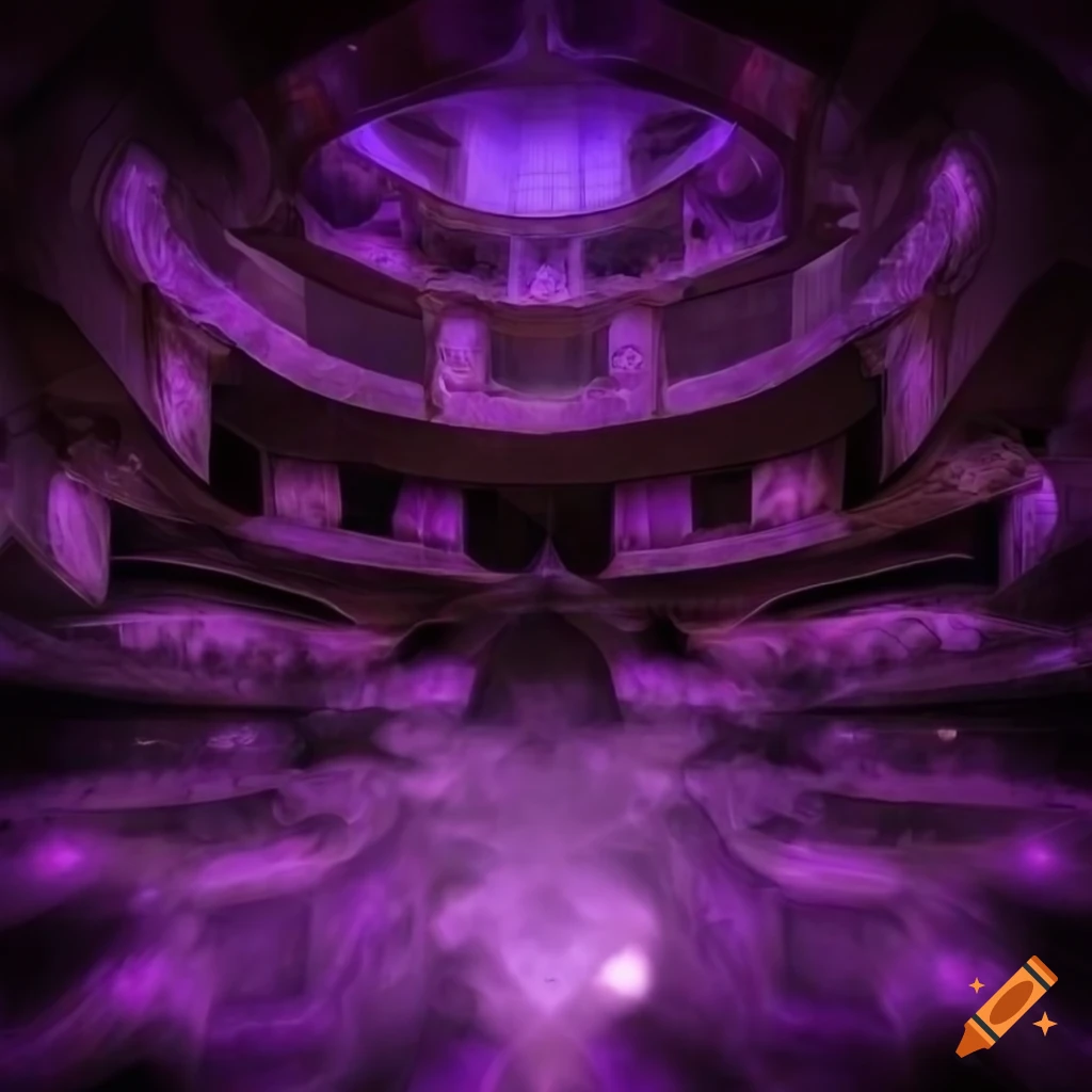 Interior hall made of large amethyst reflecting light in a surreal setting