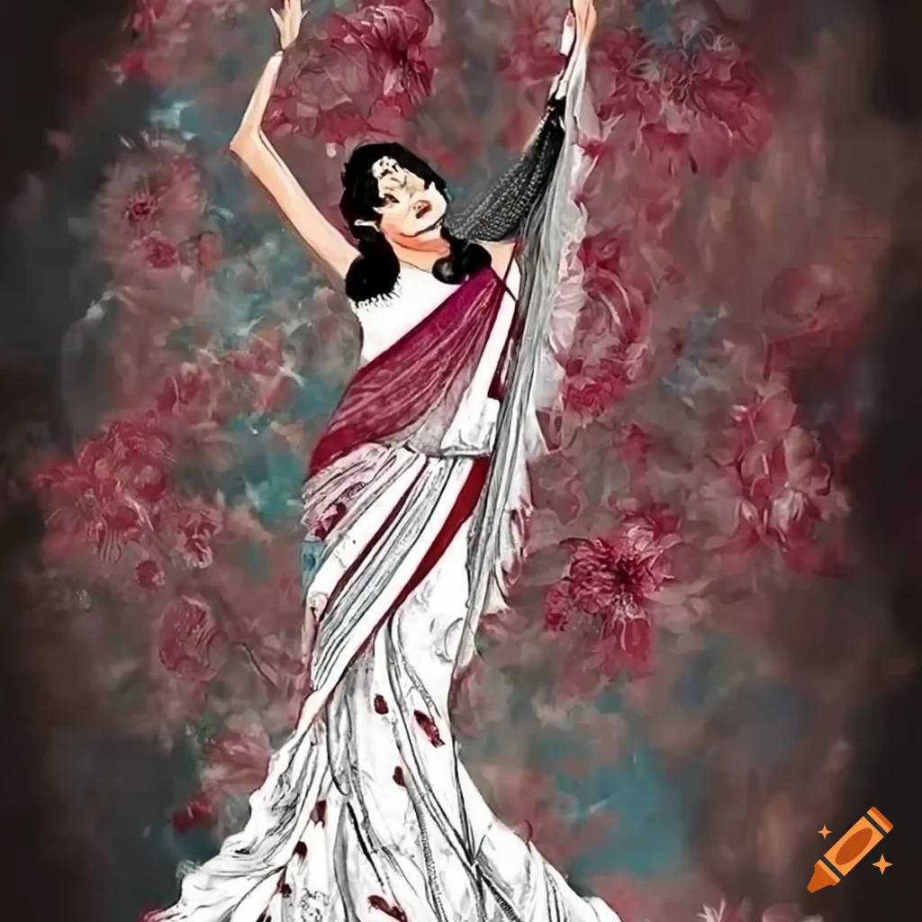 Radiant woman in a white sari surrounded by colorful flowers